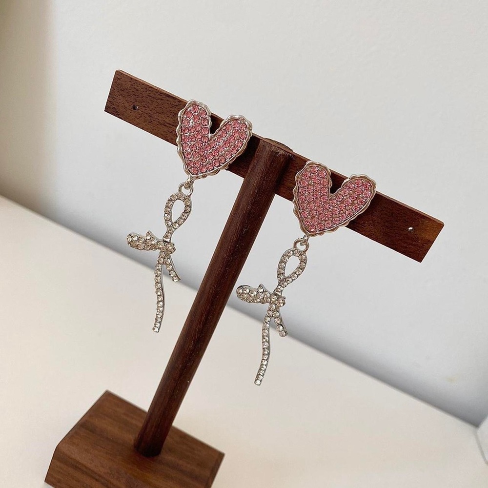 3/$20 Pink Diamond Rhinestones Heart Dangling Drop Earrings